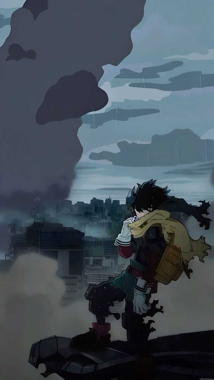 an animated image of a person standing in front of a large black cloud and building