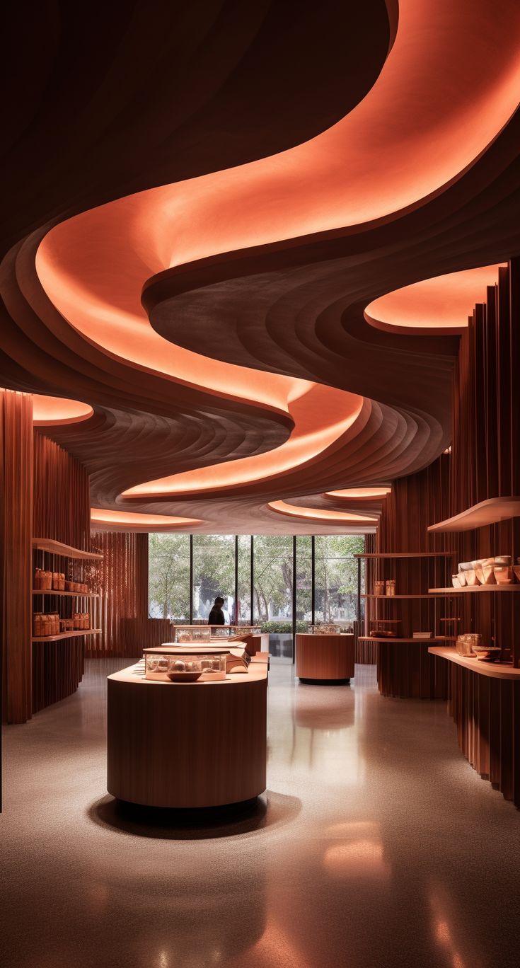 the interior of a store with wooden shelves and circular lighting