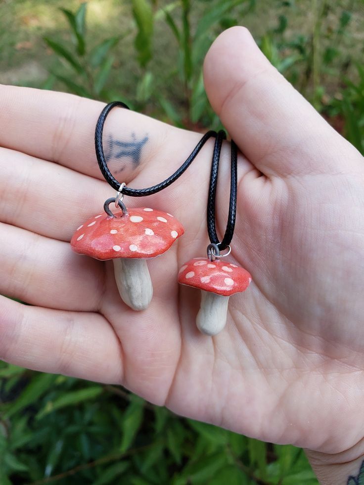 two small mushrooms are sitting on a string in the palm of someone's hand