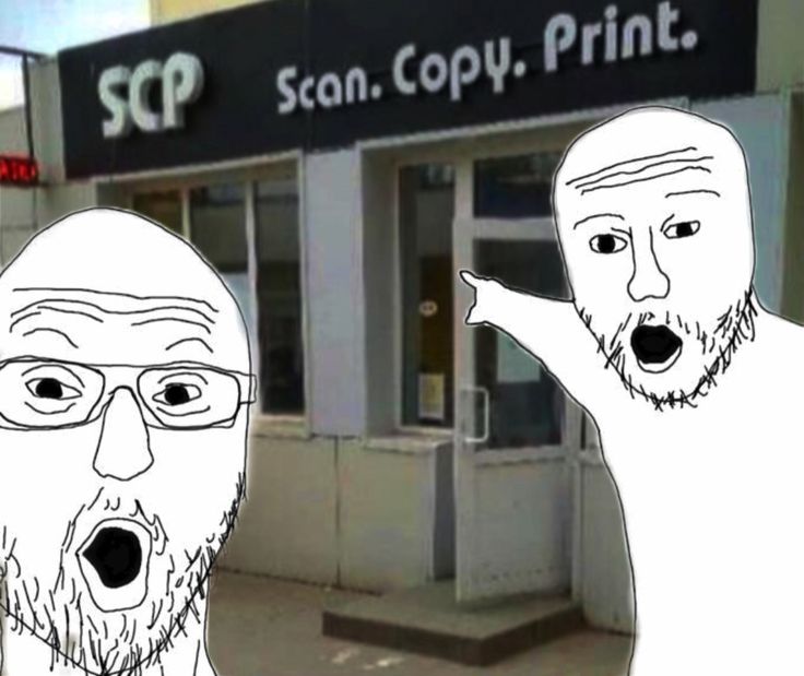 two cartoon faces are shown in front of a print shop with the words scan copy printed on it