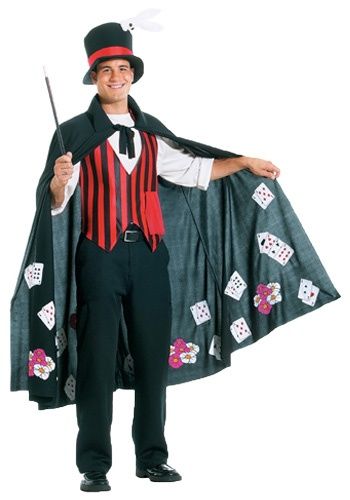 a man in a top hat, vest and tie holding a stick with playing cards on it