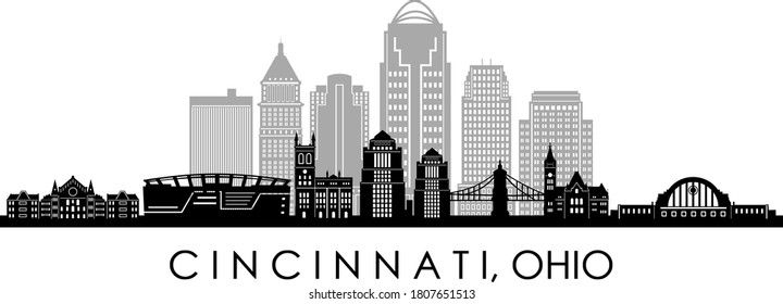 the city skyline in black and white with the words cincinal at ohio on it