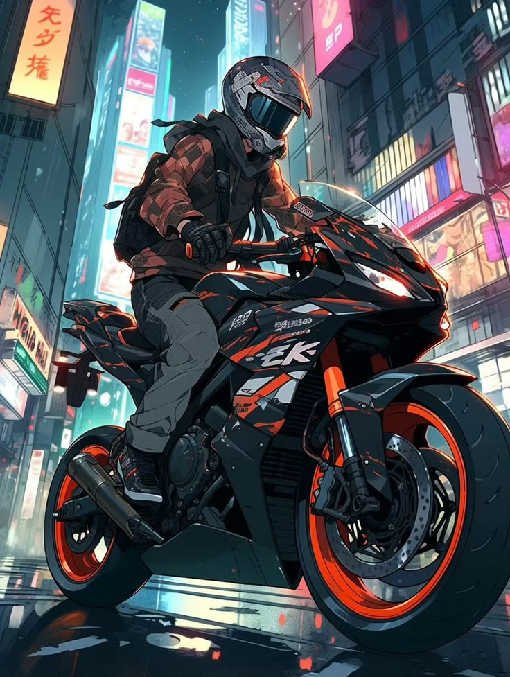 a man riding on the back of a motorcycle down a city street in front of tall buildings