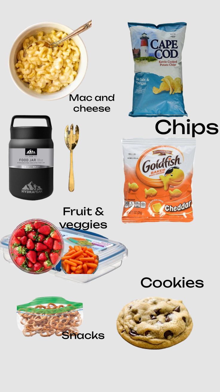 an image of food that includes chips, fruit and veggies with the words