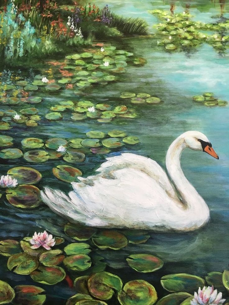 a white swan floating on top of a pond filled with water lilies and lily pads