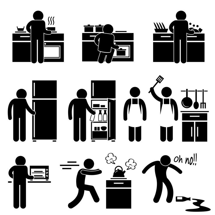 black and white pictograms of people doing different things in the kitchen stockvector