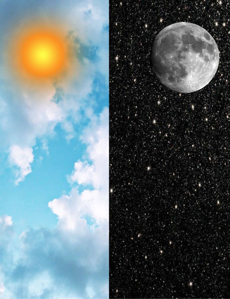 two different views of the same moon and stars in the night sky, one with an orange sun