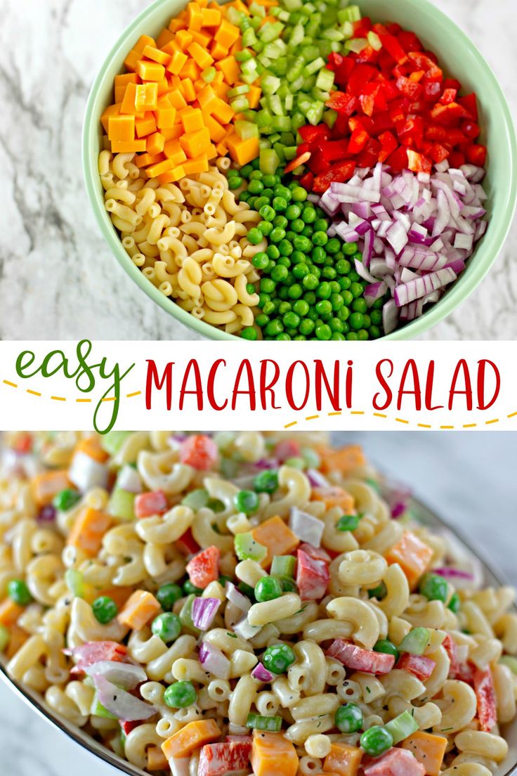 macaroni salad with peas, carrots, and other vegetables in a bowl