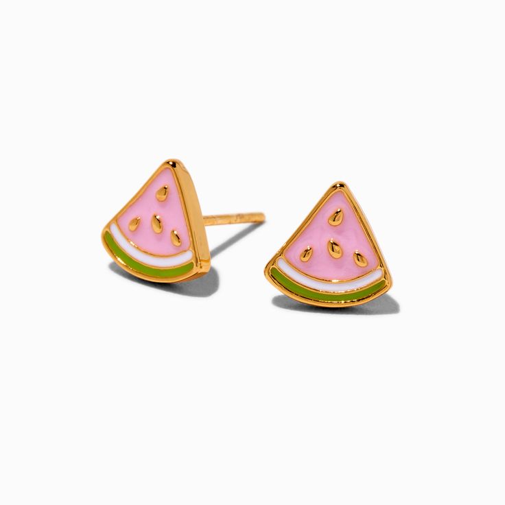 Claire's 18k Gold Plated Watermelon Stud Earrings Claires Earrings Claire's, Cute Pink Huggie Jewelry, Playful Summer Dangle Jewelry, Pink Nickel-free Huggie Jewelry, Pink Huggie Pierced Jewelry, Summer Gift Yellow Gold Earrings, Summer Pink Pierced Jewelry, Playful Pink Jewelry For Summer, Watermelon Colored Summer Jewelry Gift