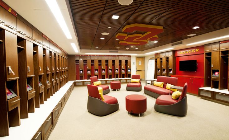 the locker room is clean and ready to be used for sports teams or other sporting events