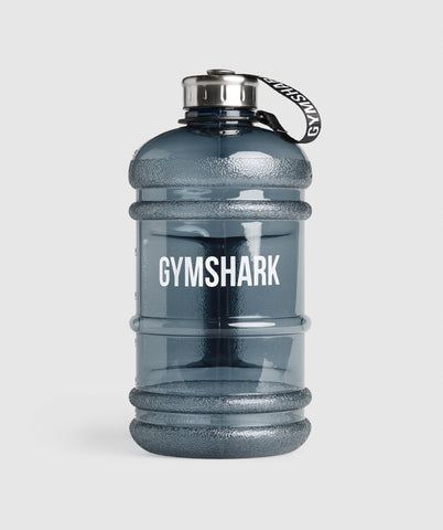 a large gray water bottle with the word gymshark on it