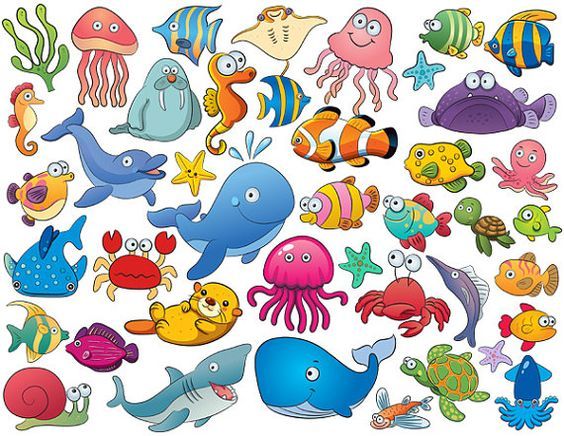 an assortment of cartoon sea animals on a white background