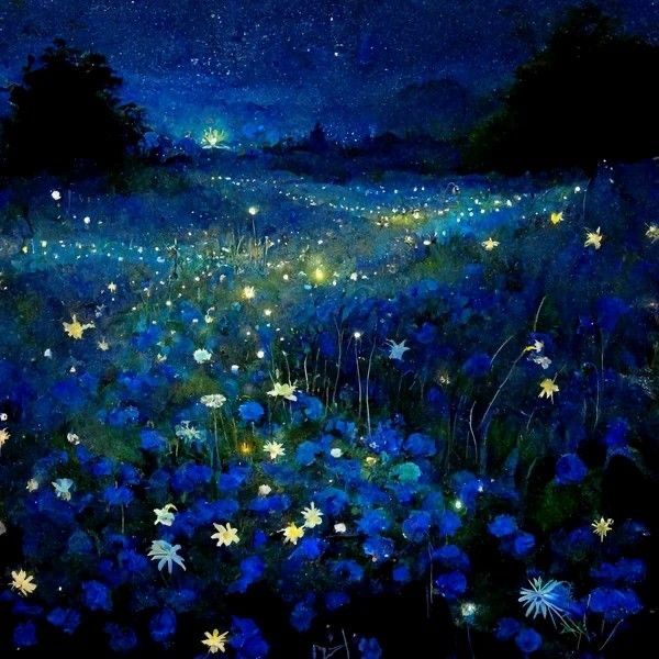 a painting of blue flowers and stars in the night sky with bright lights shining on them