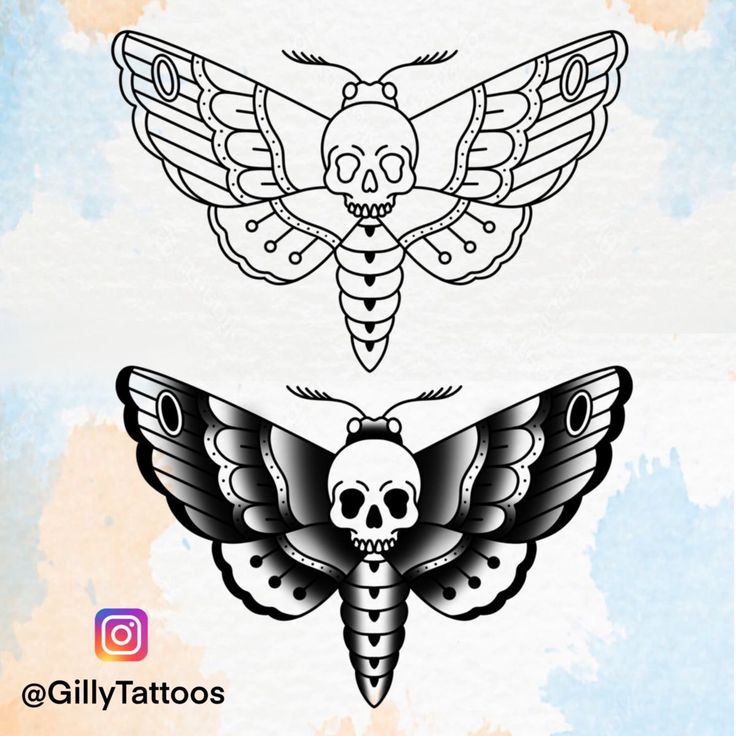 two different types of tattoos with skulls and moths on them, one is black and white