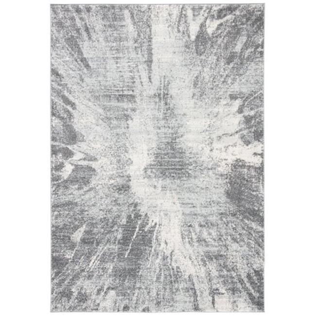 a gray and white rug with an abstract design