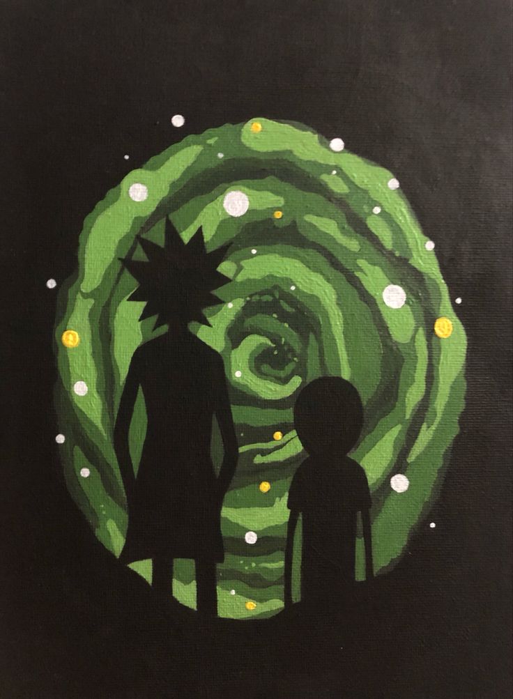 a painting of two people standing in front of a green spiral with white dots on it