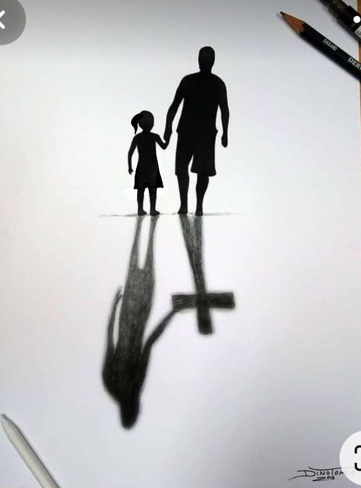 a drawing of a father and daughter holding hands with the shadow of a car behind them