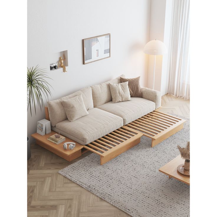 a living room scene with focus on the couch and coffee table in the center area