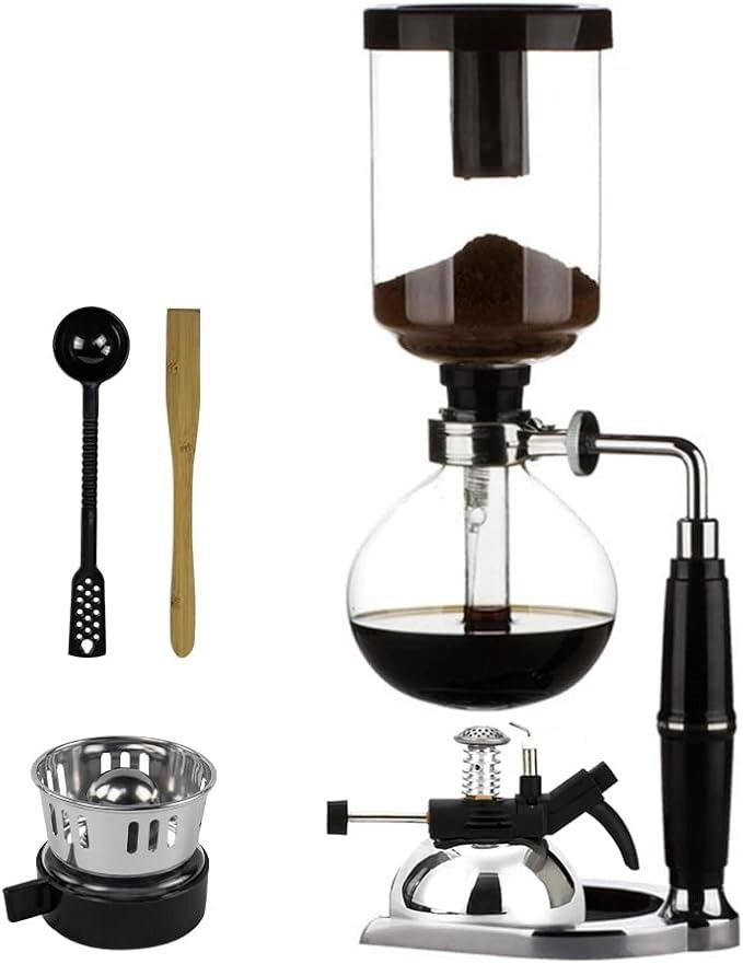 an espresso coffee maker is shown with other items including a scooper, spoon and strainer