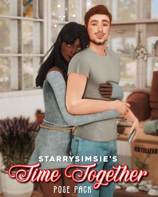 a man and woman hugging each other in front of a window with the caption's time together pose pack