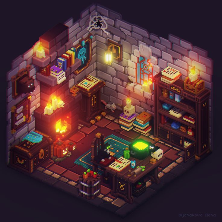 the interior of an old - school computer game with a fireplace, bookshelf and other items