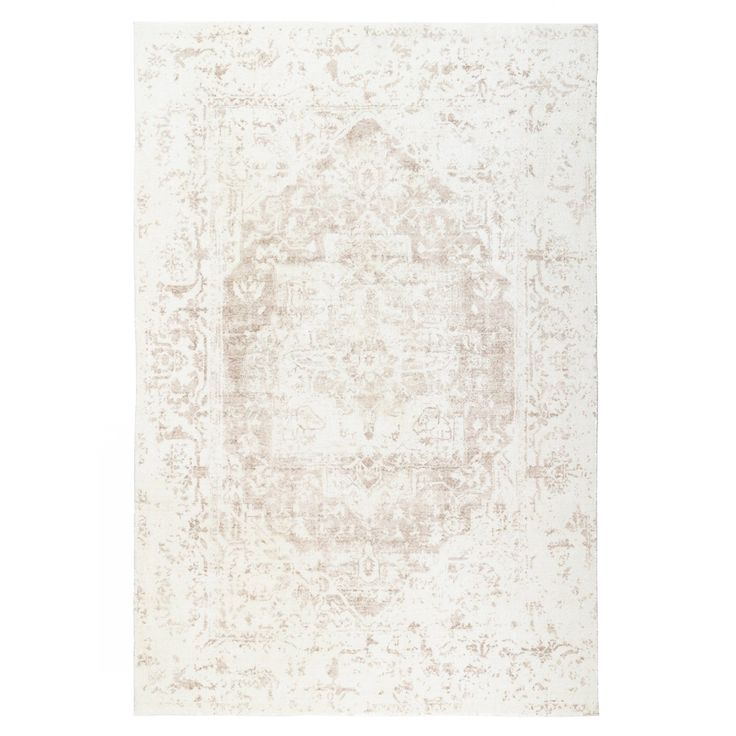 a beige and white rug with an ornate design on the bottom, in front of a white background