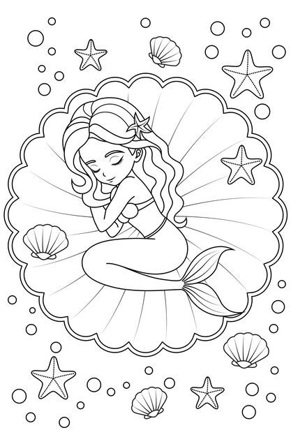 the little mermaid is sitting on top of an ocean shell with stars and shells around her