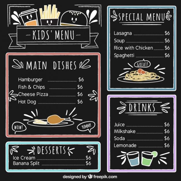 the menu for kids's dinner is drawn in chalk on a blackboard with colorful lines