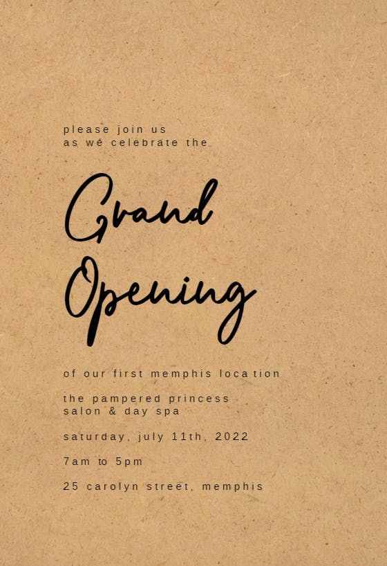 an old photo with the words grand opening in black ink on a brown paper background