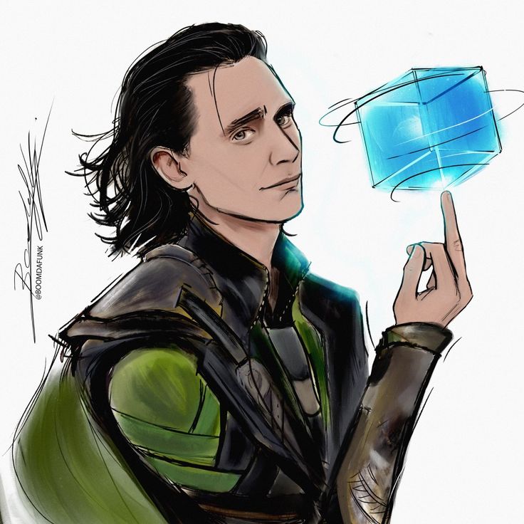 a drawing of loki in green and black with his finger up to the glass box