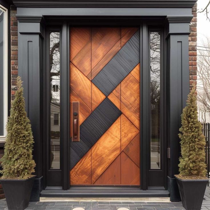 a wooden door with two planters next to it