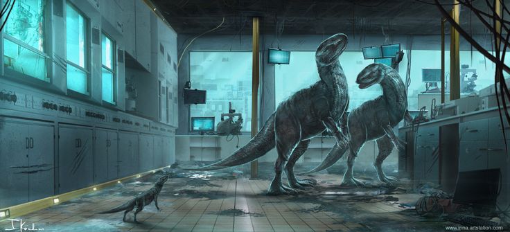 two dinosaurs in a room with lights on