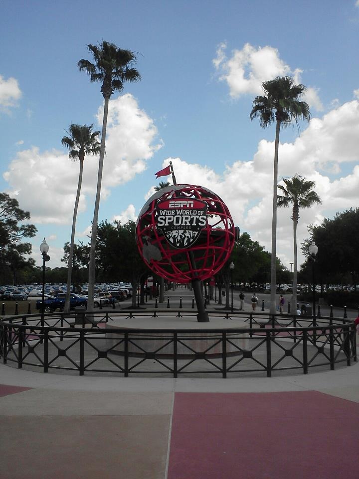 a large red ball sitting in the middle of a park with palm trees around it