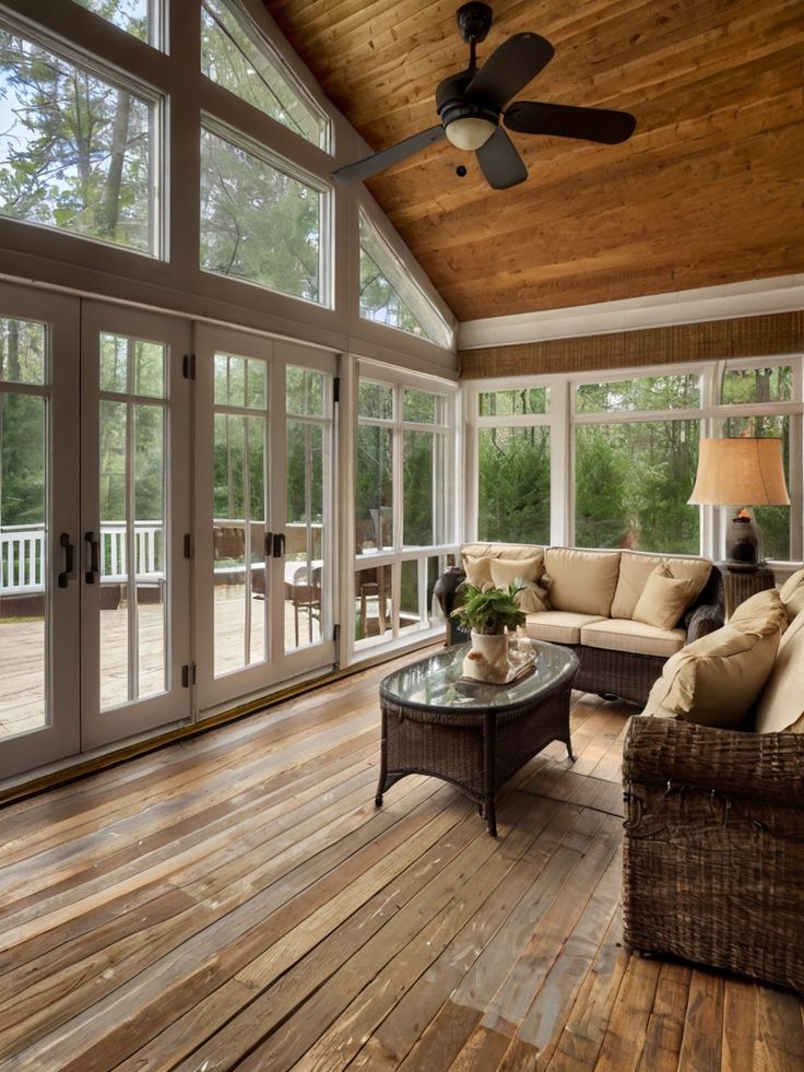 a living room filled with furniture and lots of glass doors leading to a covered porch