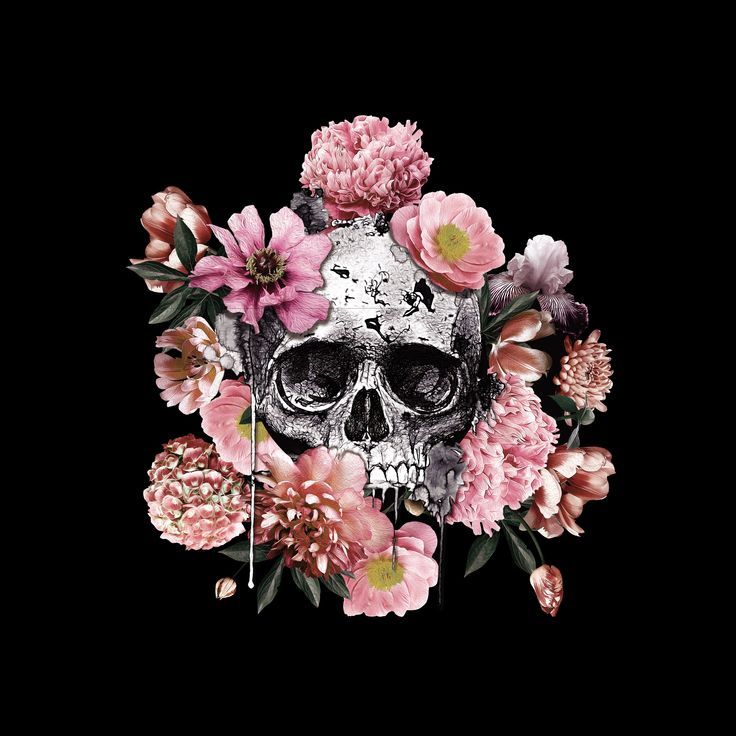 a skull with flowers around it on a black background, surrounded by pink and white flowers