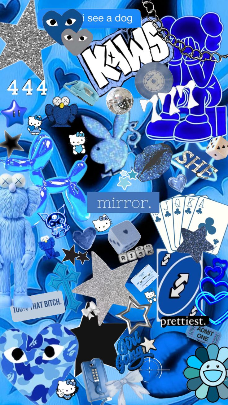 the blue background has many different items on it, including stars and other things that appear to be made out of paper