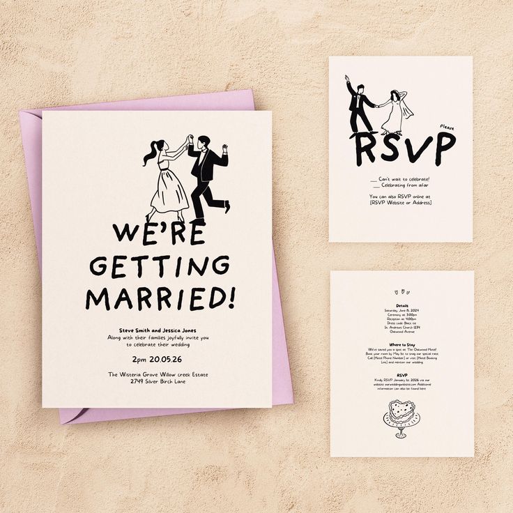 a wedding card with the words we're getting married printed on it next to two envelopes