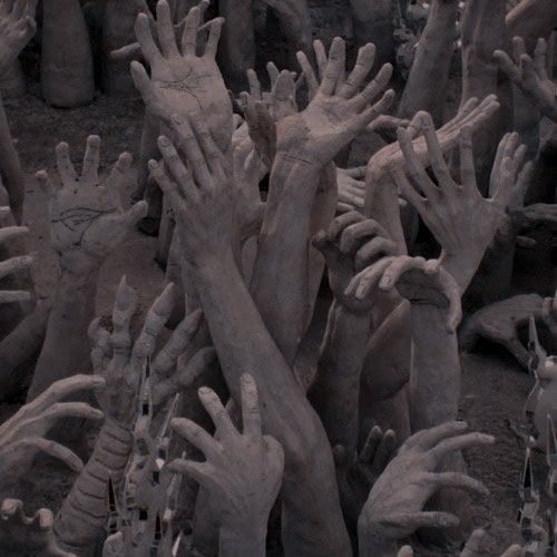 many hands reaching up in the air to reach something out of the ground with their fingers