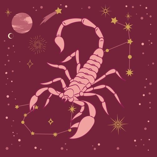 a pink scorpion on a purple background with stars and the moon in the sky above it