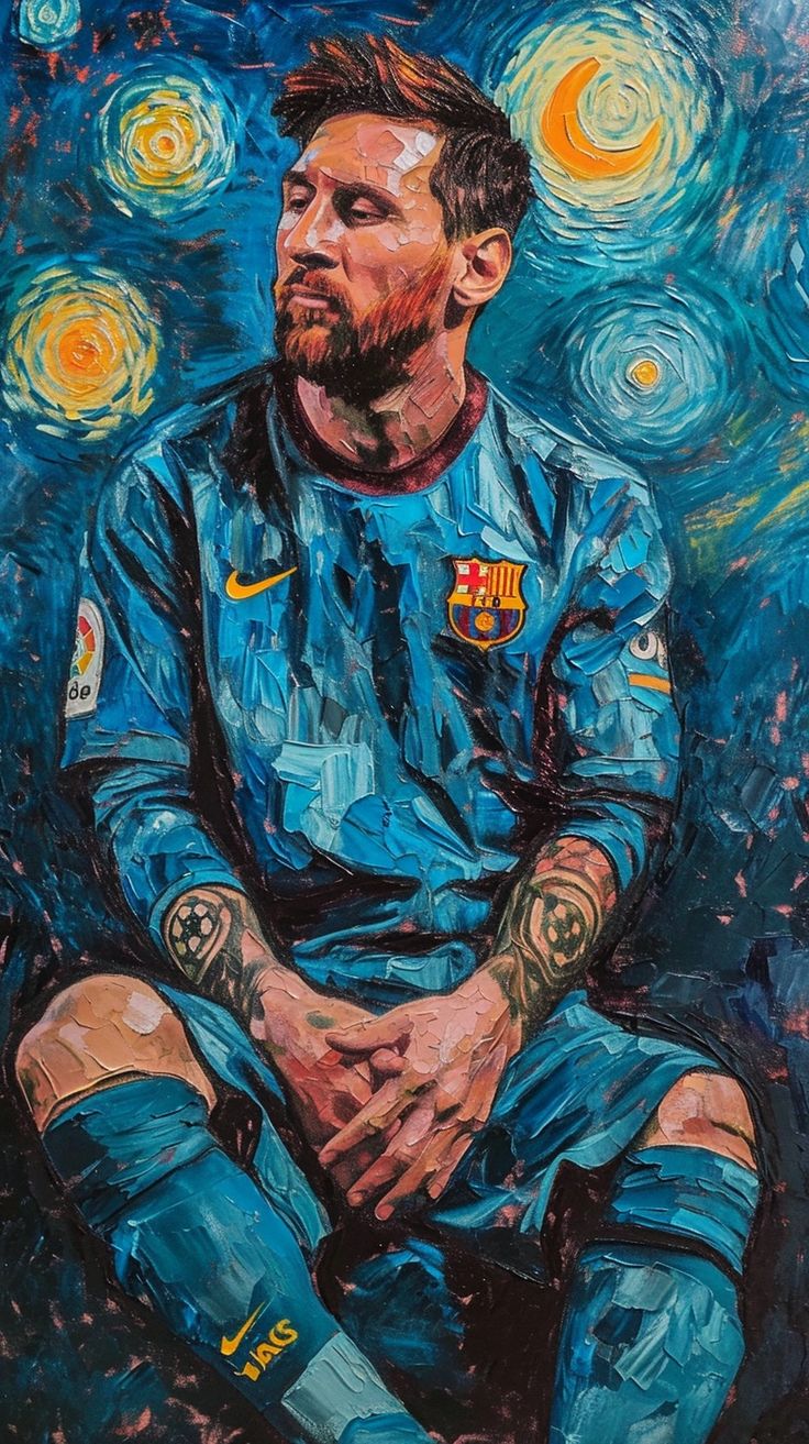 a painting of a man with tattoos sitting in front of a starry night sky