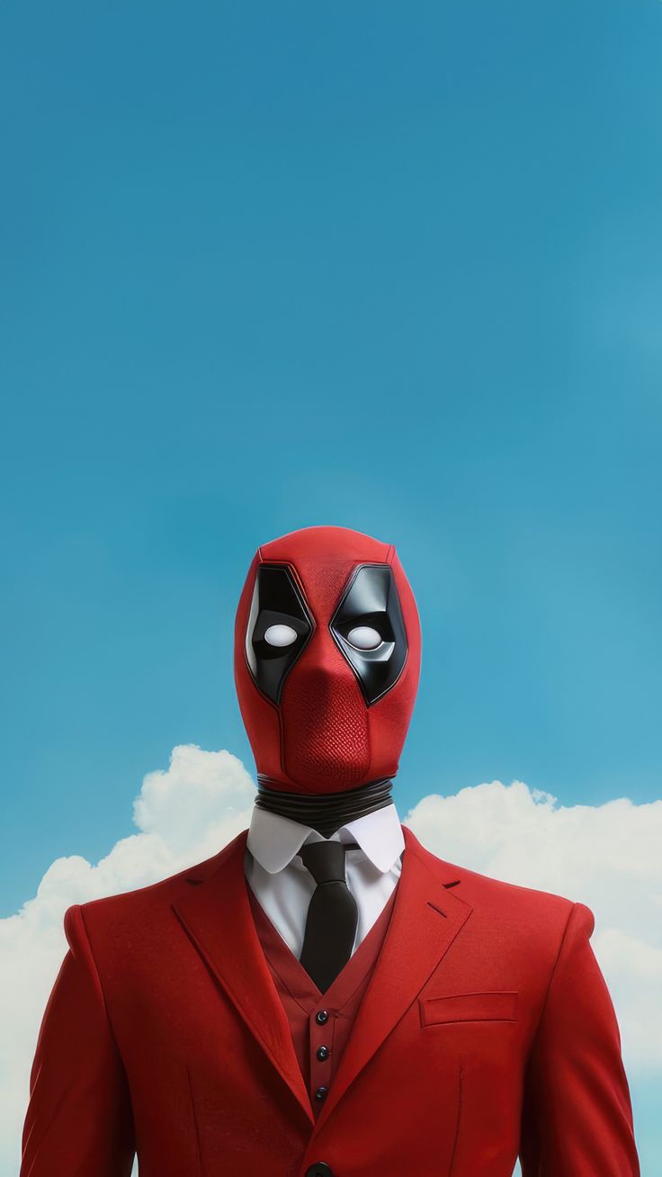 a man in a red suit with a black mask on his face is standing against a blue sky