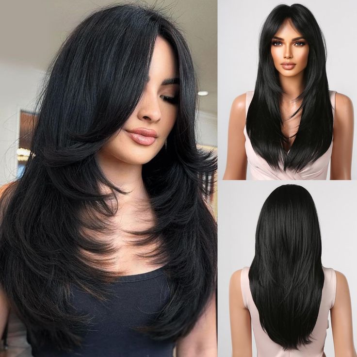 PRICES MAY VARY. 【High Quality Material】: 100% soft silky heat resistant fiber (≤120℃)makes this synthetic wig present realistic and natural looking. with soft and smooth hand feeling. 【Colors & Package]: The classic black hair will not out of fashion,and long layered designs flatter your face.Comes along with a wig cap for free. 【Specifications】: The length of the natural layered black wig Is 24 Inches. It Is so goddess looking. The Soft, Adjustable Straps Makes The Wig Almost Can Fit Most Head Long Black Hair With Layers, Straight Layered Wig, Rich Girl Hair, Long Straight Layered Hair, Butterfly Layers, Black Wig With Bangs, Brown Hair With Lowlights, Layered Wig, Straight Layered Hair