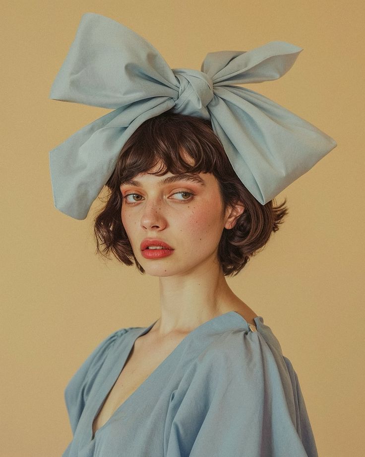 a woman with short hair wearing a blue dress and a big bow on her head