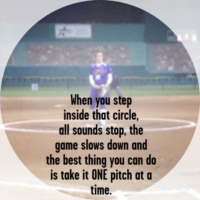 a baseball player pitching a ball on top of a field with the words when you step inside that circle, all sounds stop, the game slow down and the best thing you can do is take it