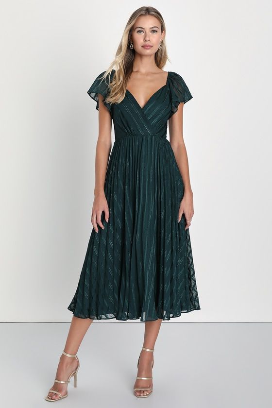 Standout Sophistication Emerald Lurex Flutter Sleeve Midi Dress Lurex Dress, Midi Dress Green, Casual Formal Dresses, Elegant Midi Dresses, Fall Wedding Guest Dress, Tie Skirt, Wedding Attire Guest, Guest Attire, Cocktail Attire