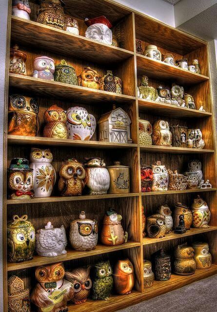 a shelf filled with lots of different kinds of owl figurines on top of wooden shelves