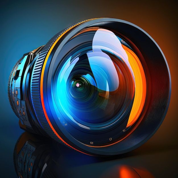 a camera lens with an orange and blue reflection