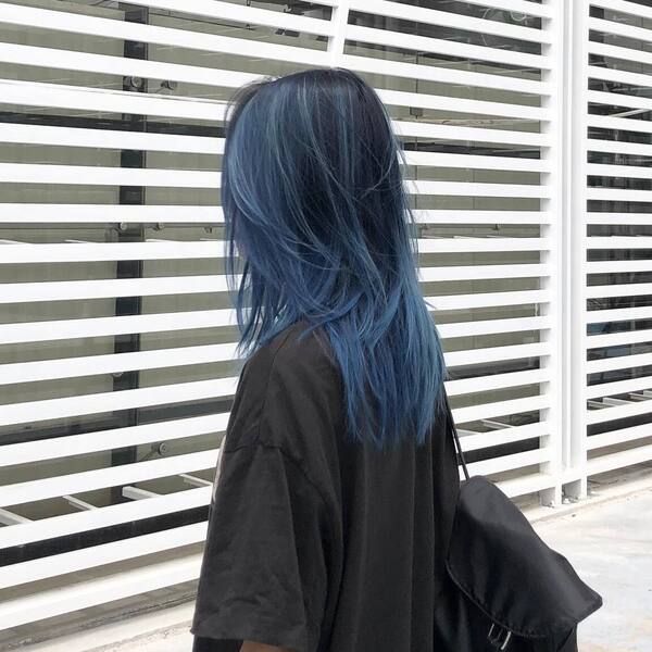 Ice Blue Highlights In Black Hair, Hair Styles For Blue Hair, Black With Dark Blue Highlights, Dark Blue To Light Blue Hair, Dark Green Hair Highlights Brunettes, Dark Roots Blue Hair, Blue Black Hair With Bangs, Partial Blue Hair, Dull Blue Hair