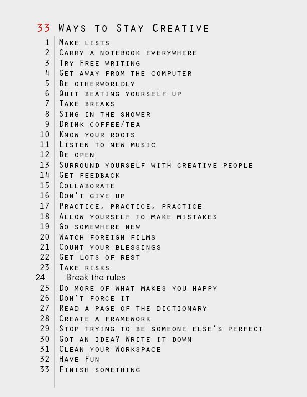 a list with the words 33 ways to stay creative on it's back side