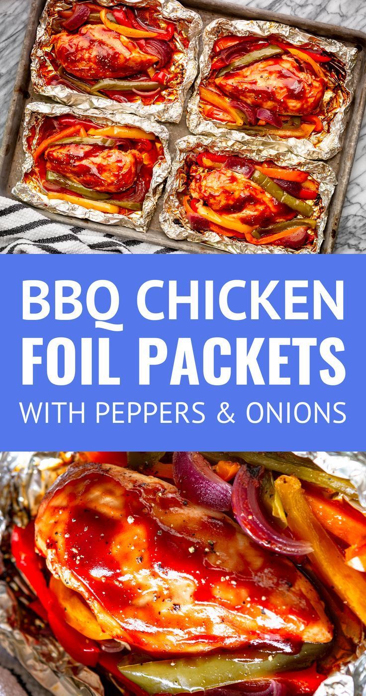 bbq chicken foil packets with peppers and onions in them on top of tin foil